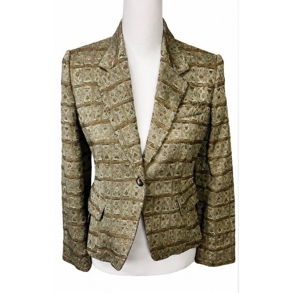 Jones New York Jacquard Blazer 4P Gold Tan EUC Geometric Metallic One Button